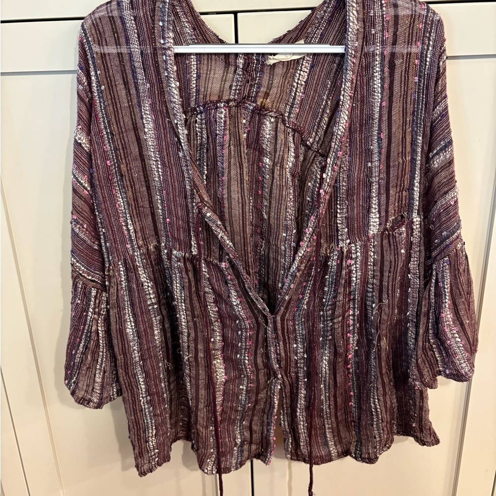 Altar'd State Plum Striped Boho Tie-Front Blouse